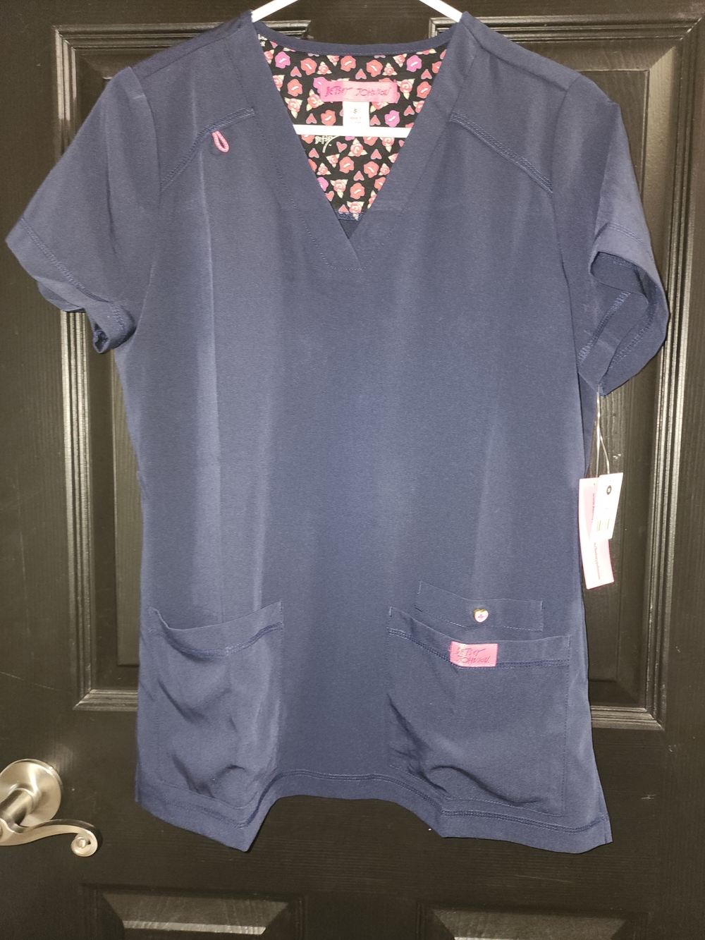 Betsey Johnson Navy Kids V-Neck Scrub Top with Pink Heart Trim
